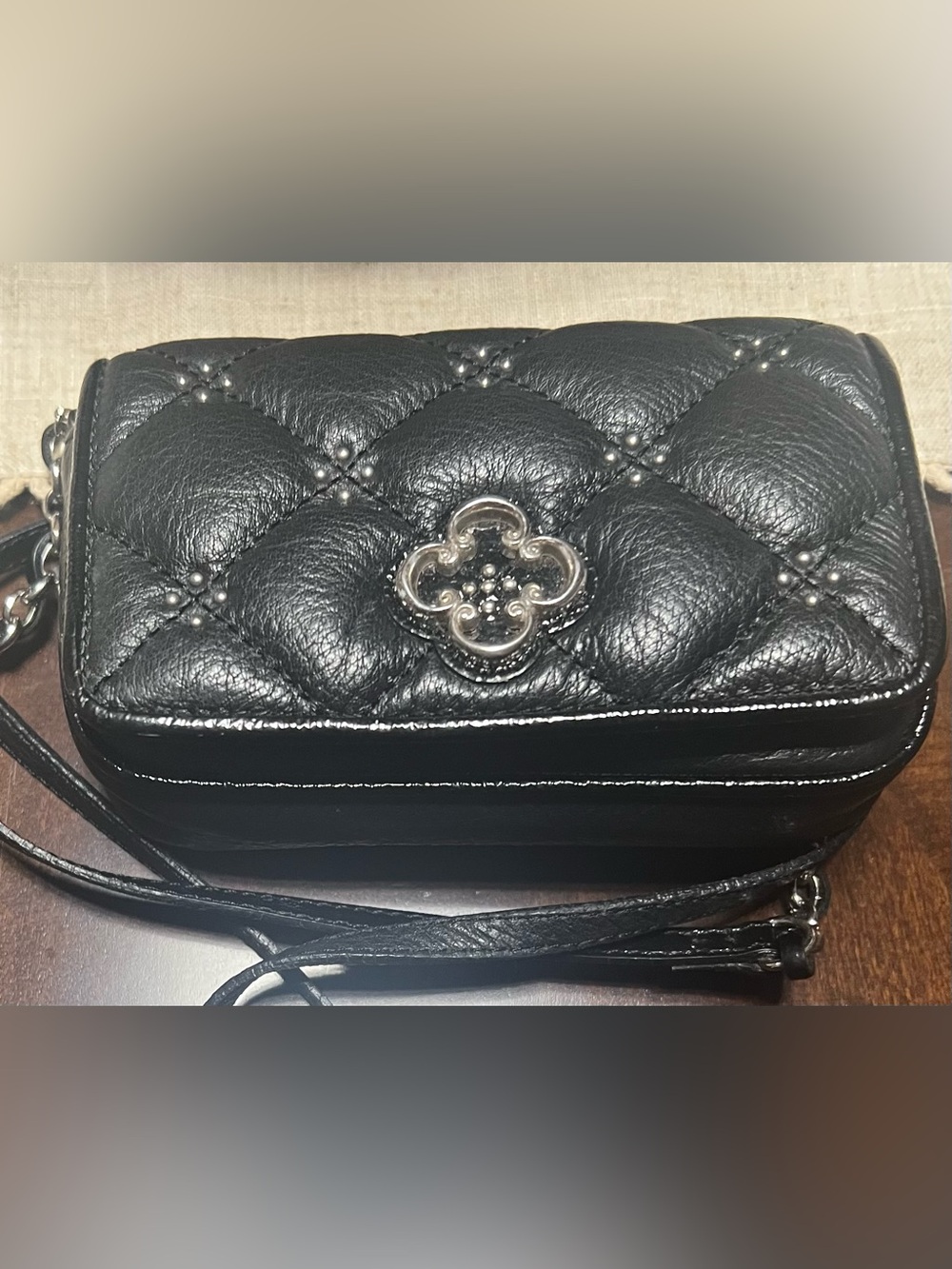 Brighton Black Quilted Leather Crossbody with Floral Medallion